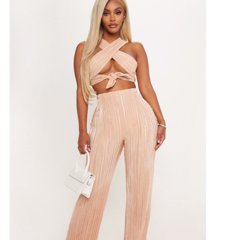 Gold pleated metallic wide leg pants and top set